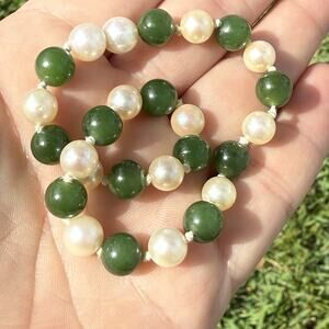 Vintage Jadeite Jade & Cultured Pearl Beaded Bracelet 9” 7.5–8mm Hand-Knotted